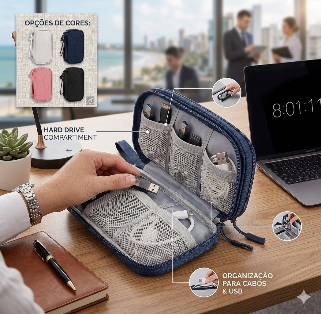 Necessaire Tech Zen: Conexão Organizada & Proteção Slim 🎧✨