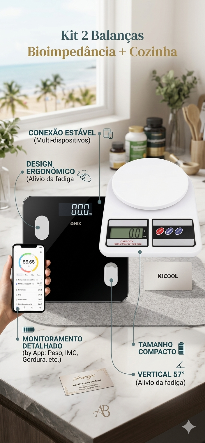 Kit Balança de Bioimpedância + Balança de Cozinha Digital — Precisão Total para sua Dieta e Evolução Diária⚖️🥗