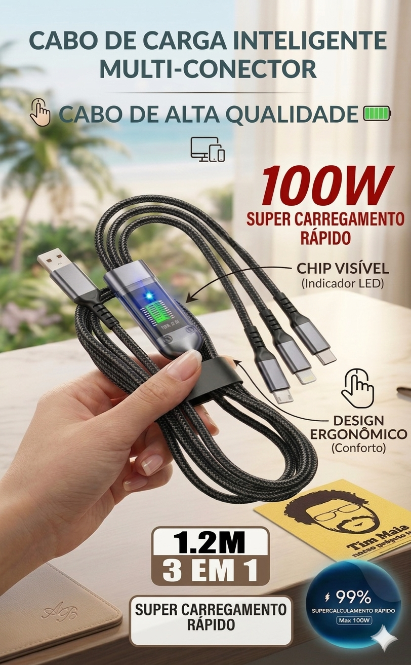 Cabo Conecta Zen: 3 em 1, 100W & Estética Transparente ⚡💎