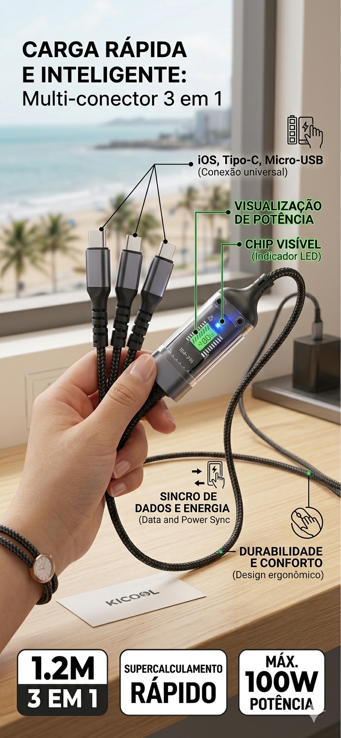 Cabo Conecta Zen: 3 em 1, 100W & Estética Transparente ⚡💎