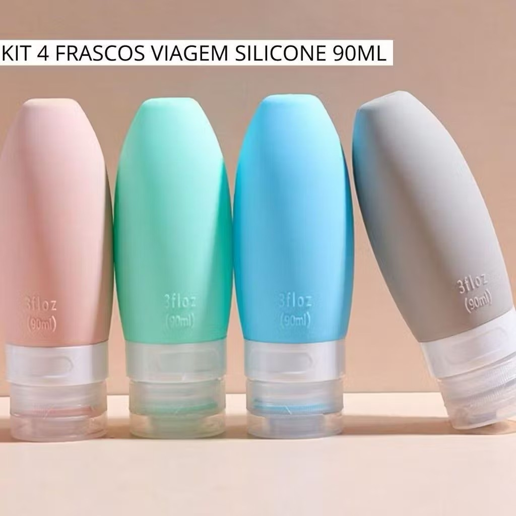 Kit 4 Frasco De Cosmetico 90ml Silicone Para Viagem bolsa com kit